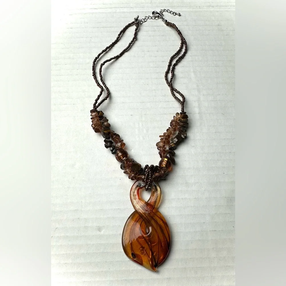 Vintage Murano Amber Twisted Glass Chunky Pendant Necklace‎ Stone Beads Bohemian